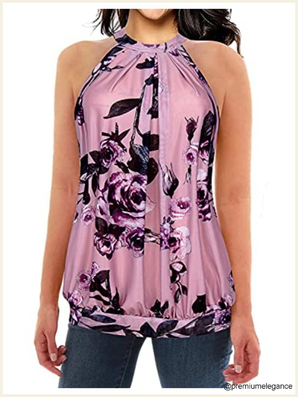 Women's Sleeveless Floral Halter Tank Top Pleated Front Bow Tie Back